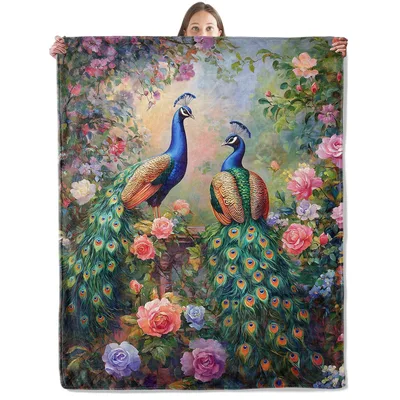 Peacocks Among Roses Blanket: A Romantic Garden Scene with Blue Birds