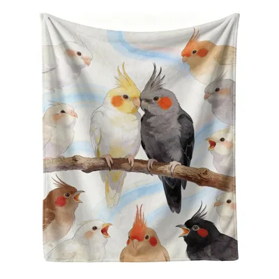 Cockatiel Birds on Branch Blanket featuring watercolor parrots perched