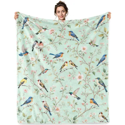 Watercolor Birds on Branches Blanket: Soft Floral Avian Art