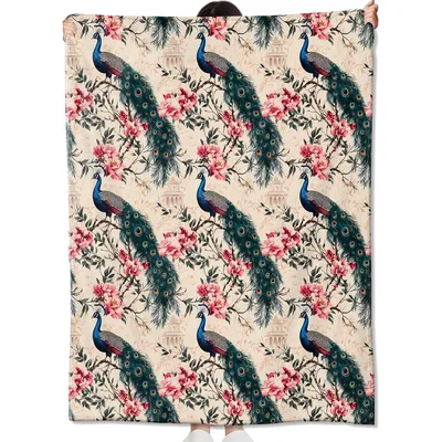 Peacock and Floral Pattern Blanket: Vintage Bird and Flower Throw