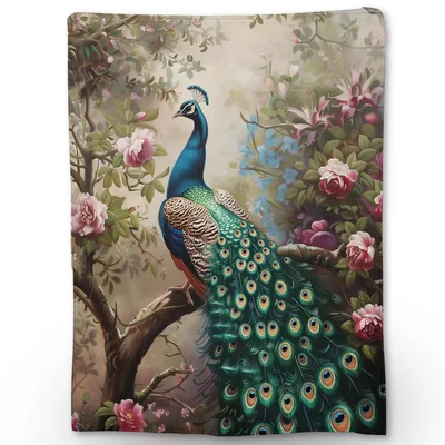 Peacock in Garden Art Blanket: Vibrant Bird and Floral Illustration