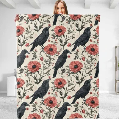 Crows and Red Poppies Blanket: Gothic Floral Throw for Nature Lovers