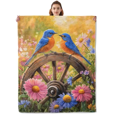 Bluebirds on Wagon Wheel Blanket: Rustic Birds and Wildflowers Design
