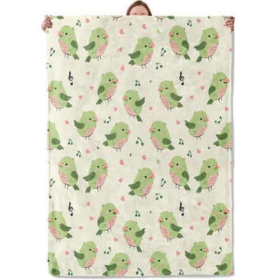 Green Birds Music Notes Blanket: Singing Parrots with Pink Hearts