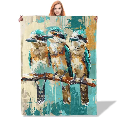Three Kookaburra Birds Blanket: Artistic Blue Bird on Branch
