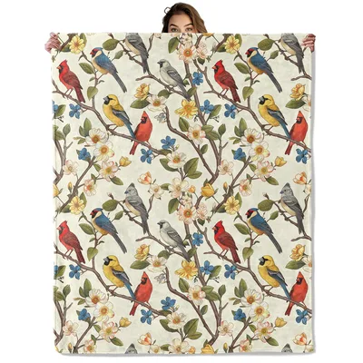 Vintage Birds Floral Pattern Blanket featuring red cardinals