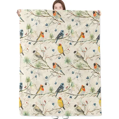 Birds Standing on Branches Blanket: Vintage Bird Pattern Throw
