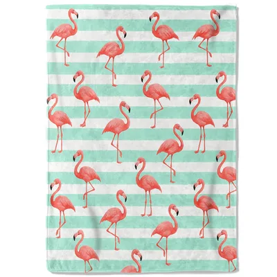 Pink Flamingos on Stripes Blanket: Watercolor Birds on Aqua and White