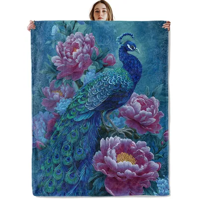 Peacock with Peonies Blanket: Vibrant Bird and Floral Art Design