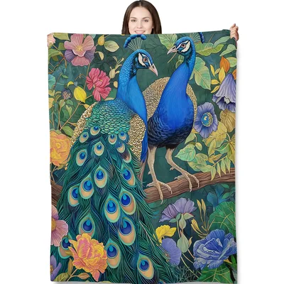 Peacock and Floral Garden Blanket: Vibrant Birds on a Branch