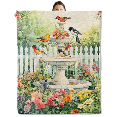Garden Birds Fountain Watercolor Blanket