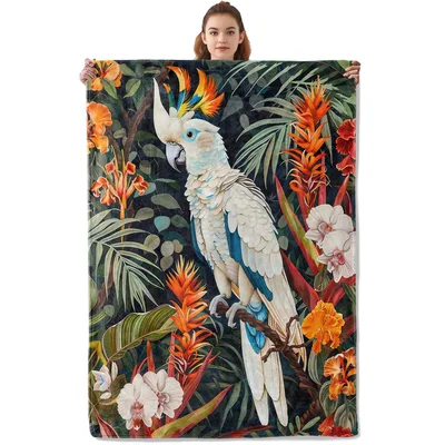 Tropical Cockatoo in Jungle Blanket featuring a white parrot