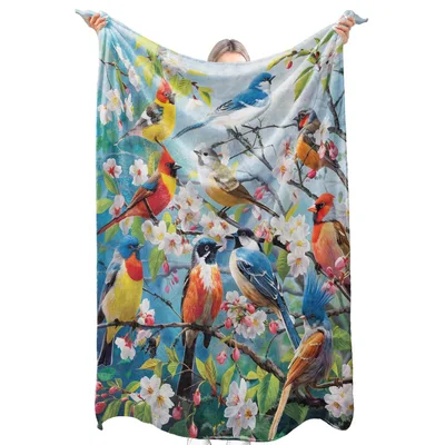 Colorful Songbirds Cherry Blossom Blanket features vibrant