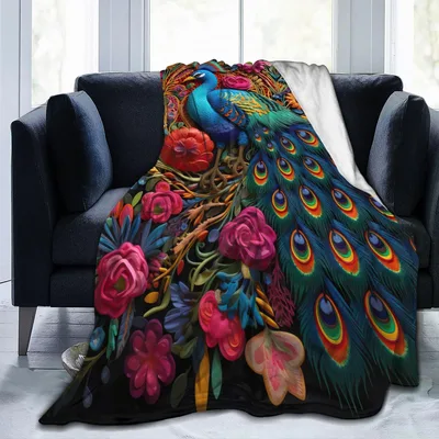Peacock Feathers Roses Art Blanket: Vibrant Bird and Floral Design
