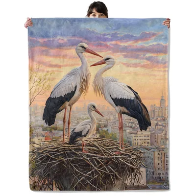 Stork Family at Sunset Blanket: Urban Nest Art for Bird Lovers