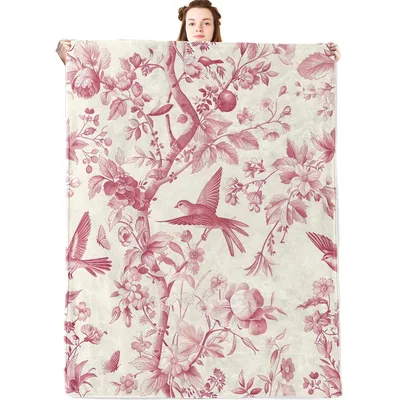 Vintage Birds Pink Floral Blanket: Toile-Style Nature Print