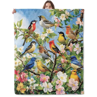 Colorful Birds Blossom Branches Blanket: A Vibrant Avian Garden Print