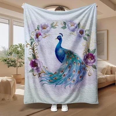 Watercolor Peacock Floral Wreath Blanket
