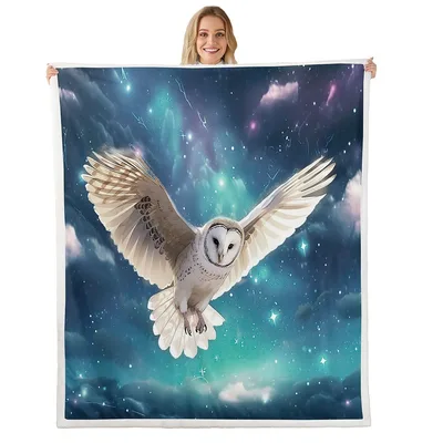 Barn Owl in Galaxy Blanket: A Flying Bird Against a Starry Night Sky