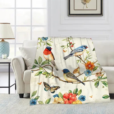 Vintage Garden Birds Pattern Blanket: Nature-Inspired Throw Design