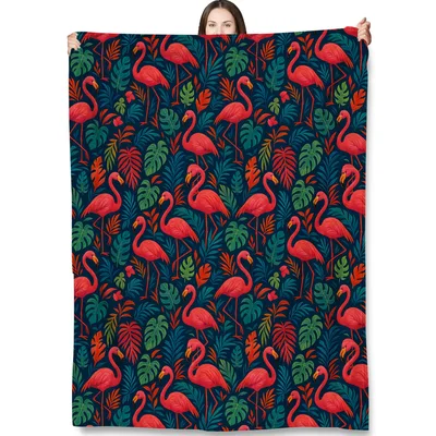 Retro Flamingo Tropical Leaves Blanket featuring bright pink birds