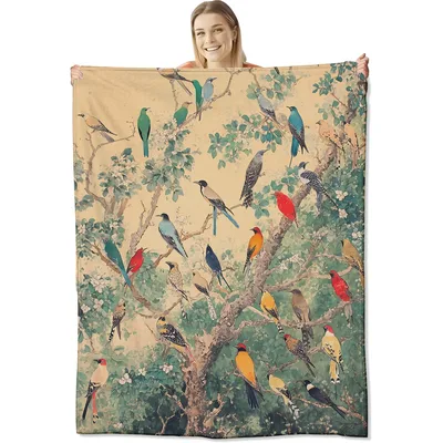 Colorful Birds on Blossom Blanket featuring vintage songbirds perched