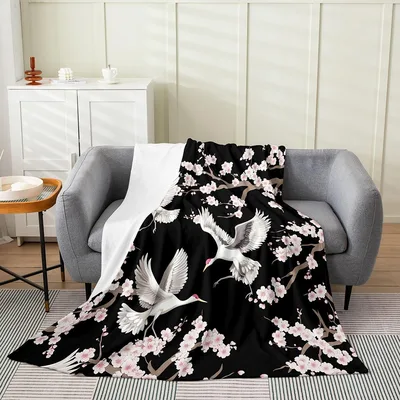 Japanese Crane and Cherry Blanket: Red-Crowned Cranes in Flight