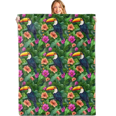 Toucans Among Tropical Flowers Blanket: Lush Bird and Floral Design