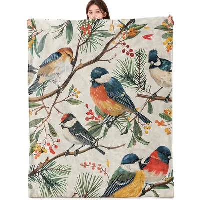 Songbirds on Branch Blanket: Colorful Birds and Pine Design