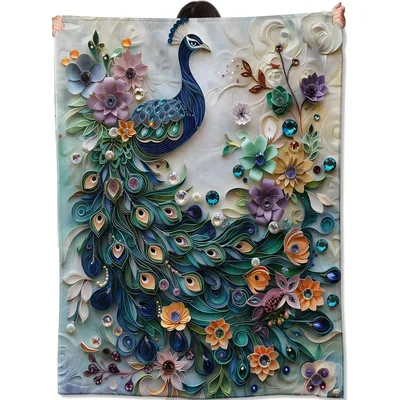 Peacock Floral Paper Art Blanket: Quilled Bird and Flower Design