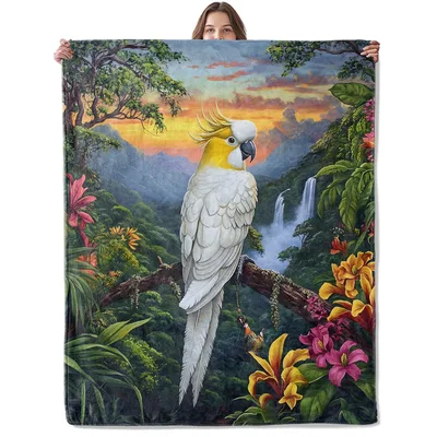 Tropical Cockatoo on Branch Blanket: A Parrot in a Lush Jungle Sunset