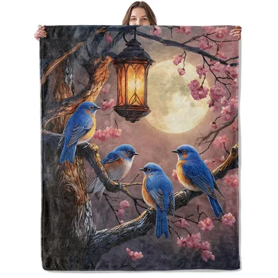 Bluebirds Under Full Moon Blanket