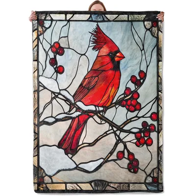 Stained Glass Cardinal Bird Blanket: Winter Art Design for Home
