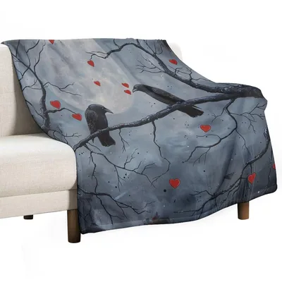 Crow on Moonlit Branch Blanket: Gothic Romance with Red Hearts