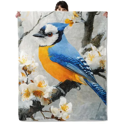 Blue Jay on Blossom Blanket: Vibrant Bird Art for Nature Lovers