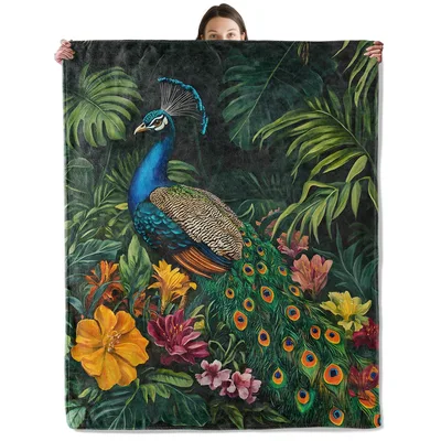 Peacock Tropical Jungle Flowers Blanket: Vibrant Bird Art
