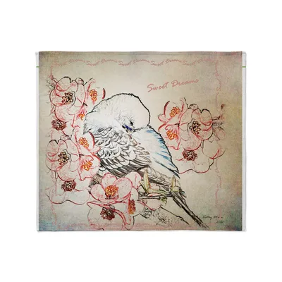 Sweet Dreams Bird Floral Blanket: Parakeet and Pink Flowers Print
