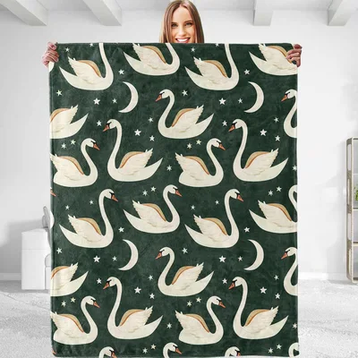 White Swans Dark Green Blanket: Elegant Swan and Moon Pattern
