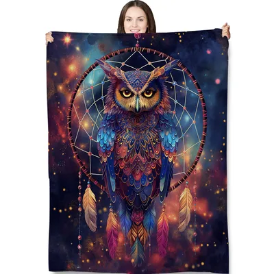 Owl in Dreamcatcher Blanket: Cosmic Owl Art for Mystical Home Decor