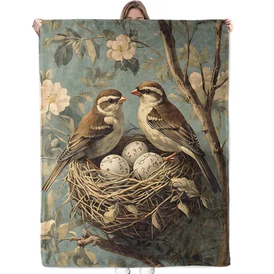 Vintage Birds in Nest Blanket featuring two sparrows