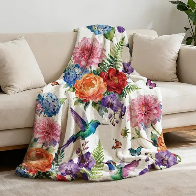 Hummingbird Among Colorful Flowers Blanket: Vibrant Garden Art