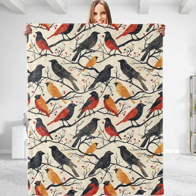 Birds Perched Pattern Blanket featuring a repeating design of black