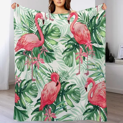 Pink Flamingos Tropical Leaves Blanket featuring pink birds – Design 2