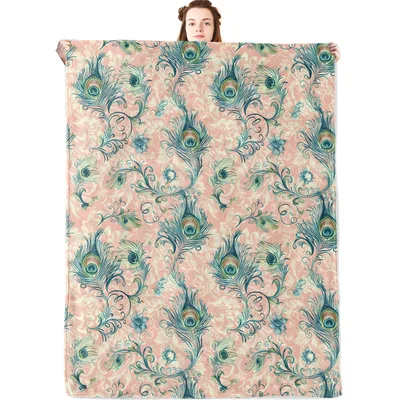 Peacock Feather Pattern Blanket: Elegant Teal Plumage on Soft Pink