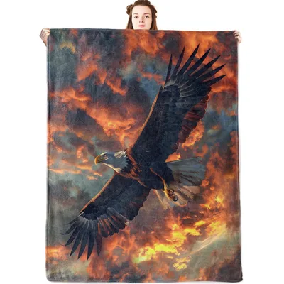 Bald Eagle Flying at Sunset Blanket: Majestic Bird in Fiery Sky