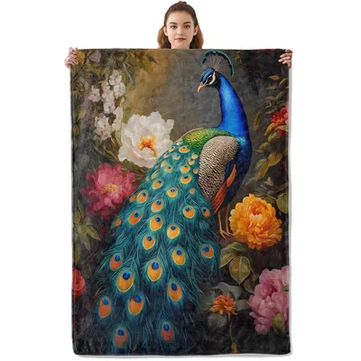 Blue Peacock with Flowers Blanket: A Vibrant Bird and Floral Art Print