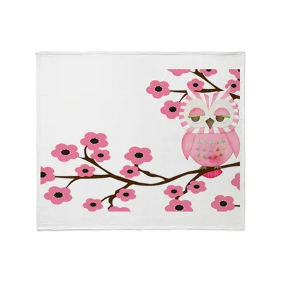 Pink Owl Cherry Blossom Blanket: Sleeping Bird on Pink Branch