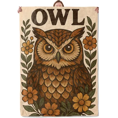 Owl with Floral Border Blanket featuring a vintage owl illustration