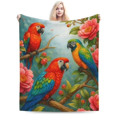 Colorful Parrots Tropical Flowers Blanket