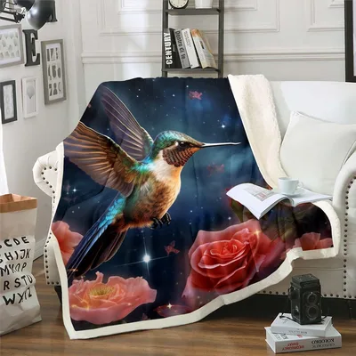 Hummingbird Galaxy Roses Blanket: Cosmic Bird and Pink Floral Art